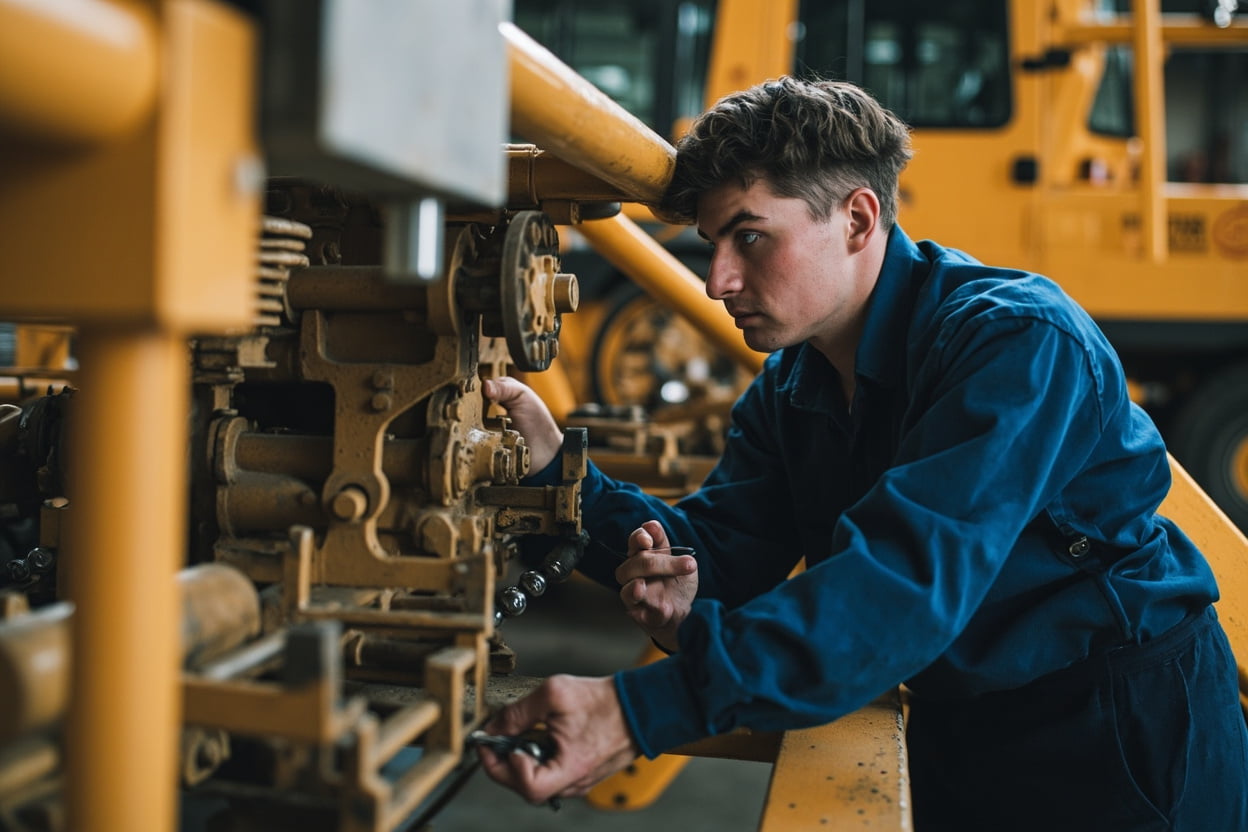 Senior technician inspecting excavator hydraulic arm
