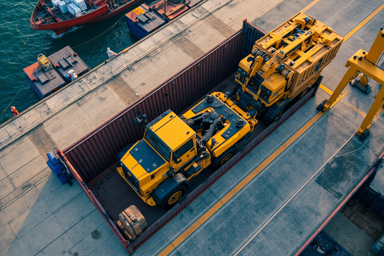 Container loading used excavators at Chinese port for Africa