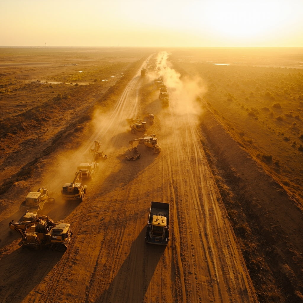 Yellow excavators working at Africa construction site