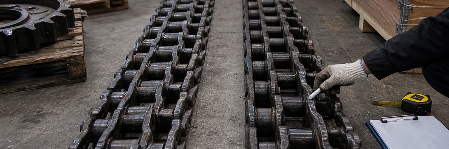 Two excavator track chain sections compared before shipment