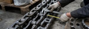Mechanic measuring excavator track chain pitch and link count