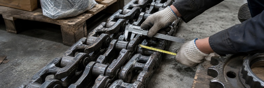 Mechanic measuring excavator track chain pitch and link count