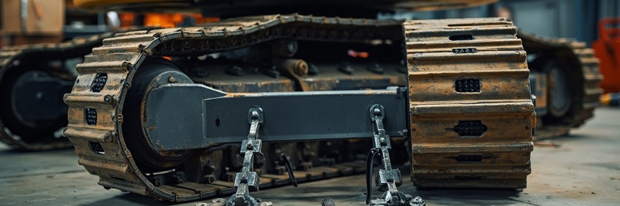 Two excavator track chains with different link counts compared before shipment
