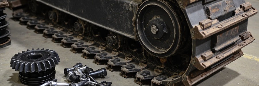 Excavator undercarriage parts arranged with measurement tools for export inspection