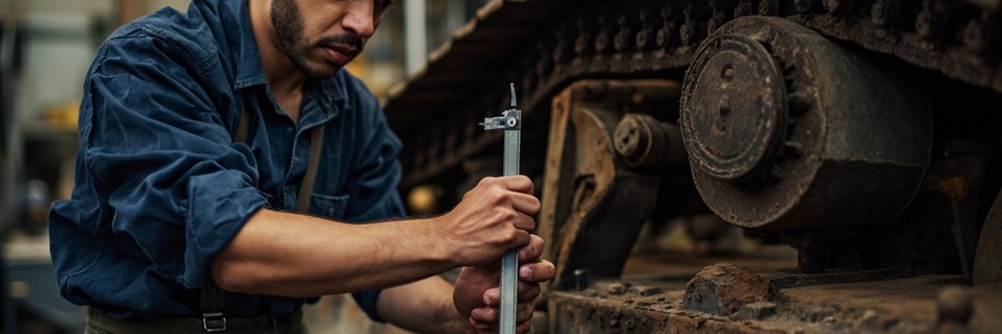 Mechanic measuring excavator track chain pitch and sprocket teeth for fitment
