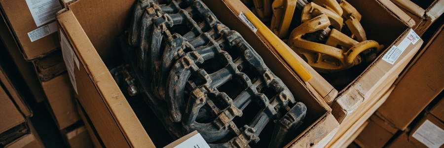Excavator undercarriage parts packed in wooden boxes and pallets for export shipment