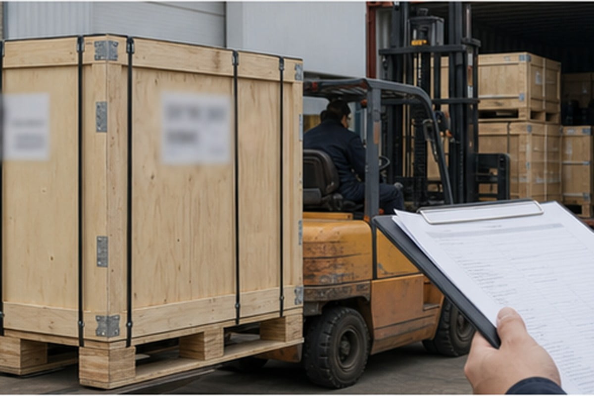 Empaque y envio de repuestos para maquinaria amarilla en cajas y pallets