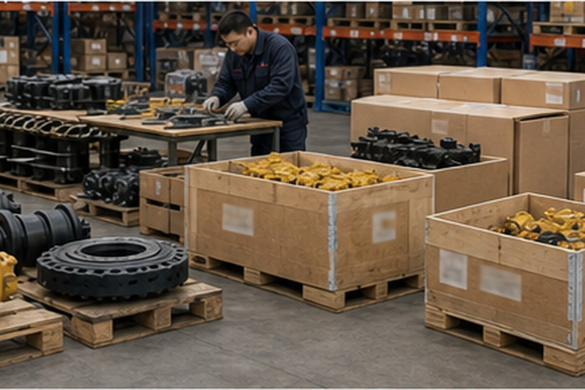 Warehouse preparando repuestos para maquinaria amarilla para exportacion desde China