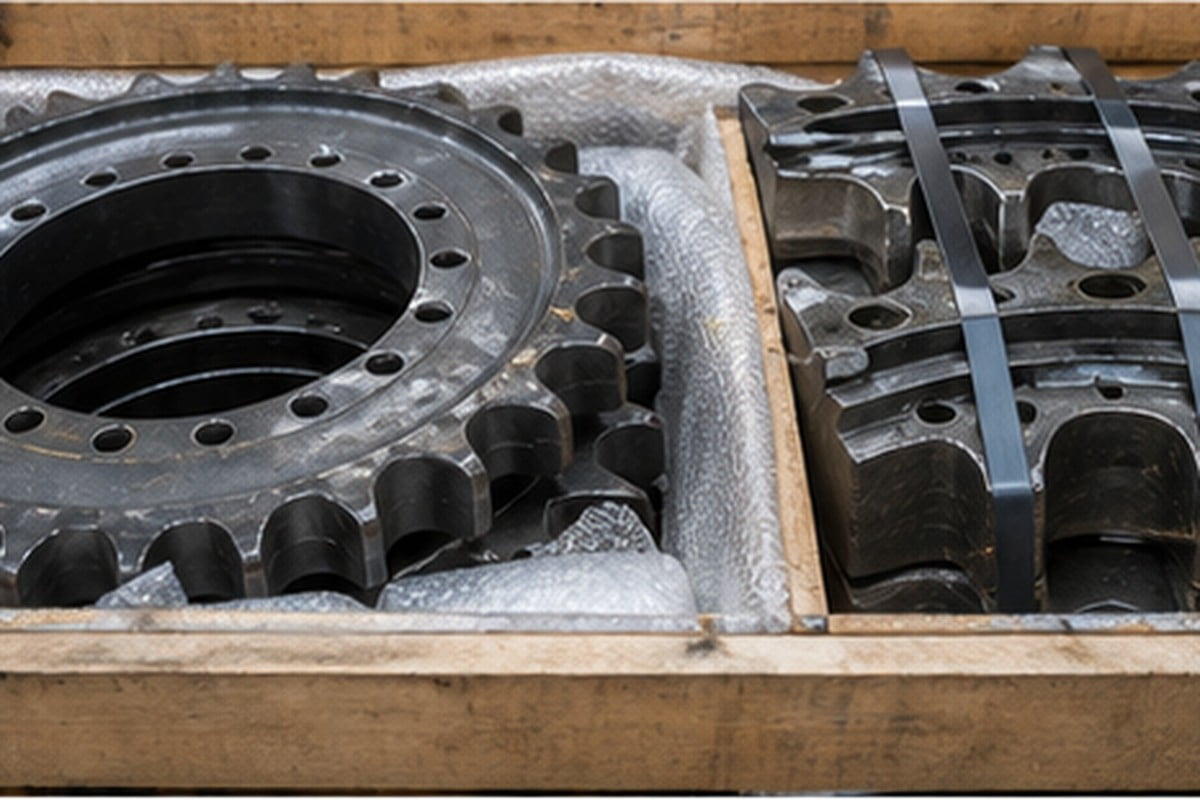 excavator sprocket export packing with protected teeth and crate