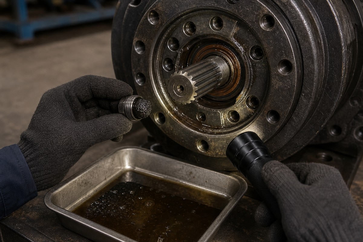 swing gearbox gear oil shaft and pinion condition evidence