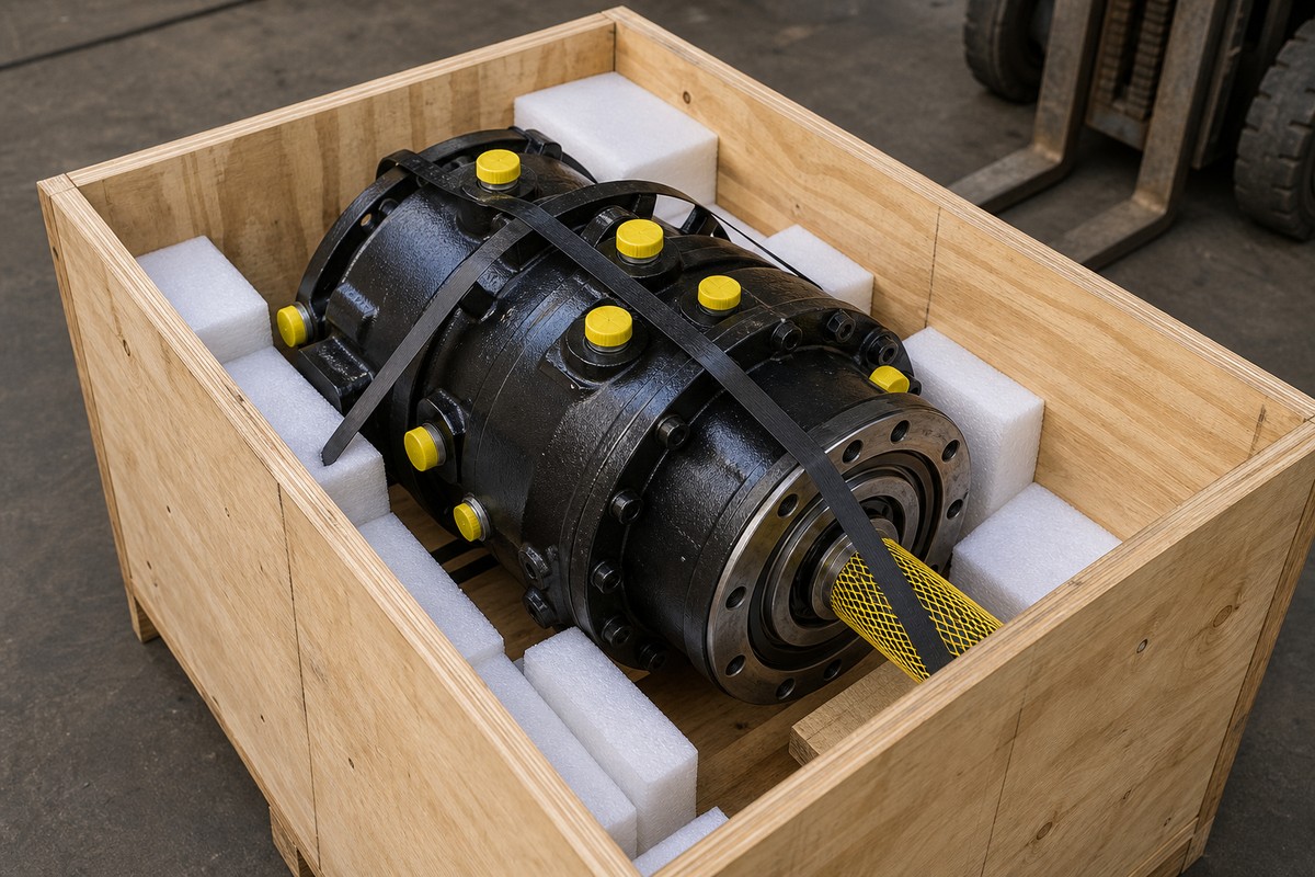 excavator swing motor export packing with capped ports and protected shaft
