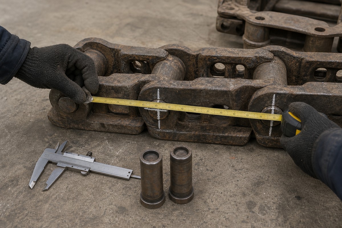 excavator track chain pitch and link count measurement