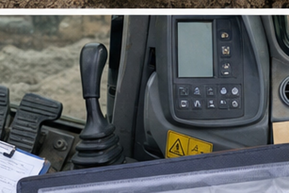 Used excavator cab controls hour meter and document inspection