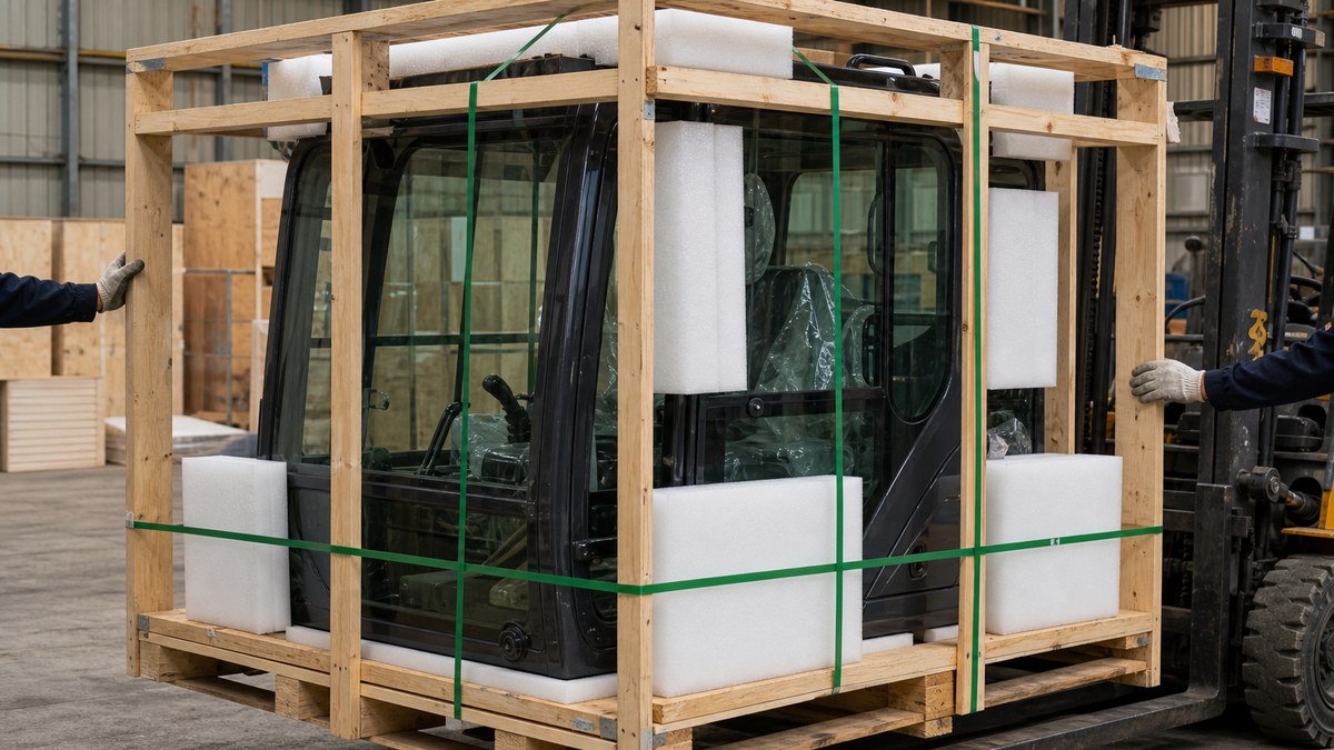 Used excavator cab export packing evidence