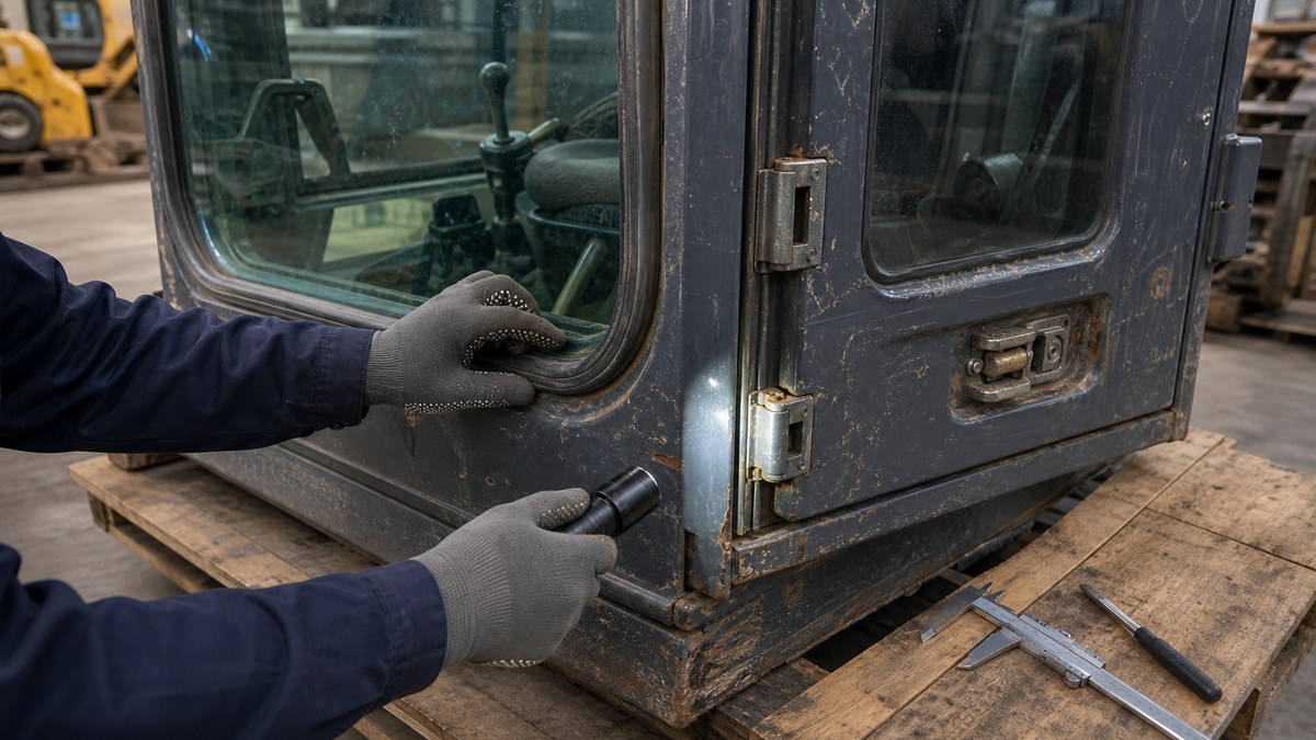 Used excavator cab glass and door frame inspection