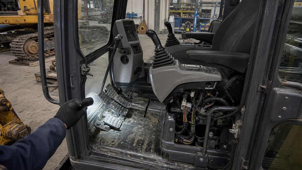 Used excavator cab interior controls inspection