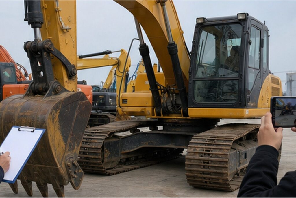 Used excavator final walkaround inspection before shipping from China