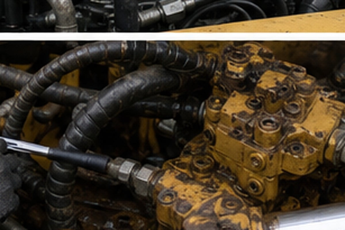 Used excavator hydraulic cylinder hose and pump leak inspection