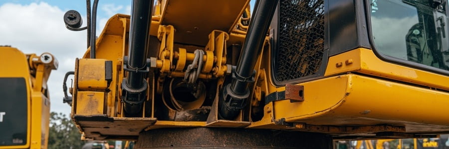 Used excavator static inspection of undercarriage and boom before engine start