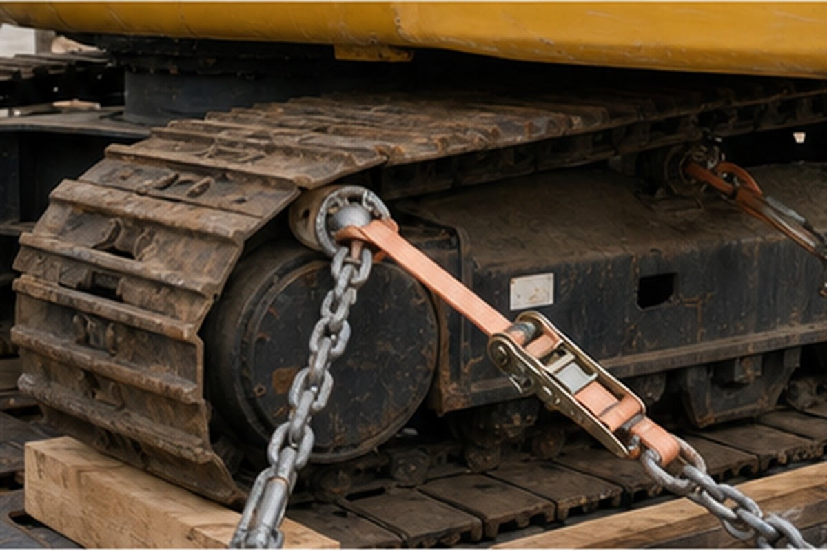 Used excavator securing blocking straps and undercarriage proof for export shipment