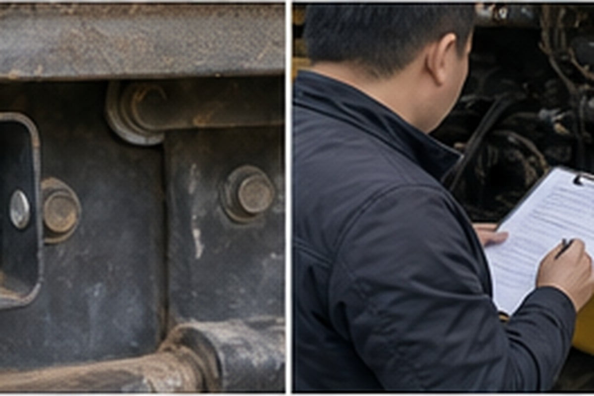 Used excavator serial plate and hour meter inspection before export