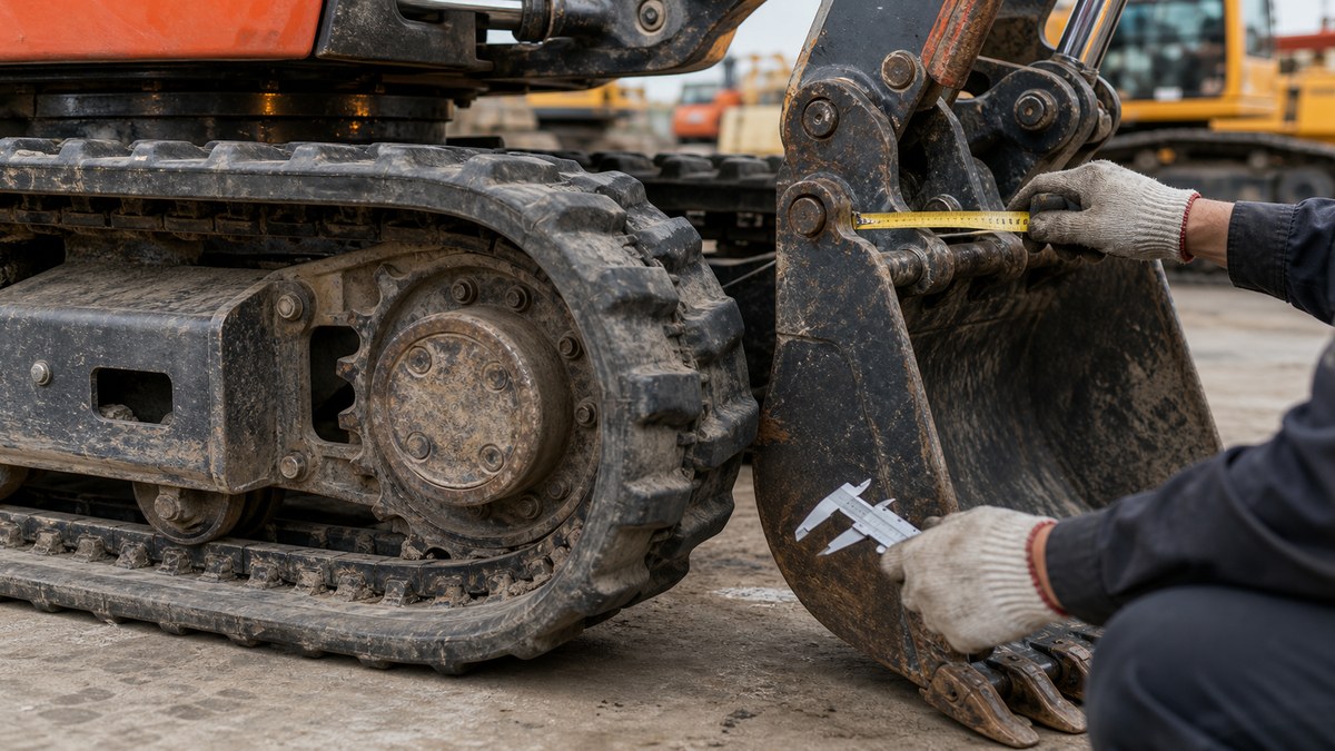 used mini excavator undercarriage and bucket wear inspection