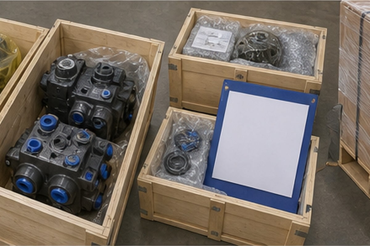 Volvo excavator parts export packing with crates port caps and pallet proof