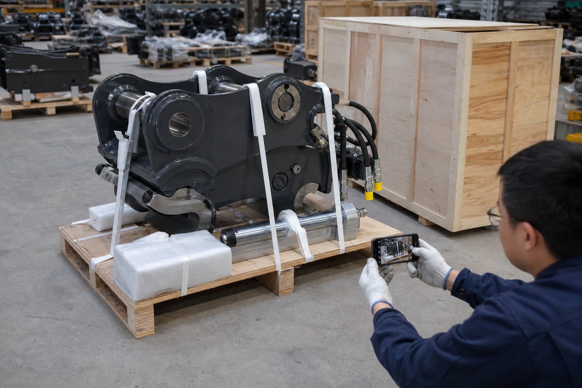 Quick coupler export packing with pins and hoses