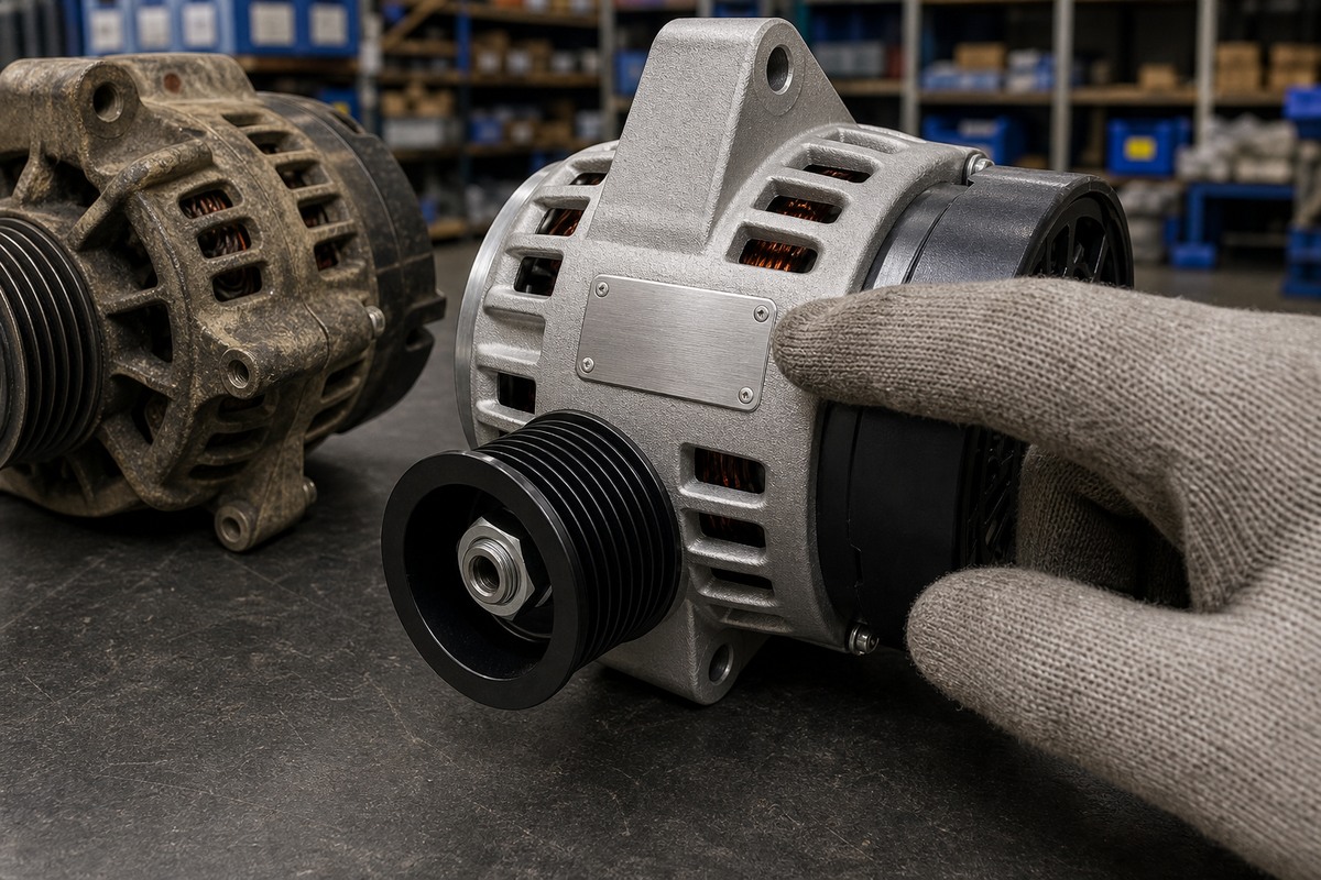 Excavator alternator old and new unit comparison