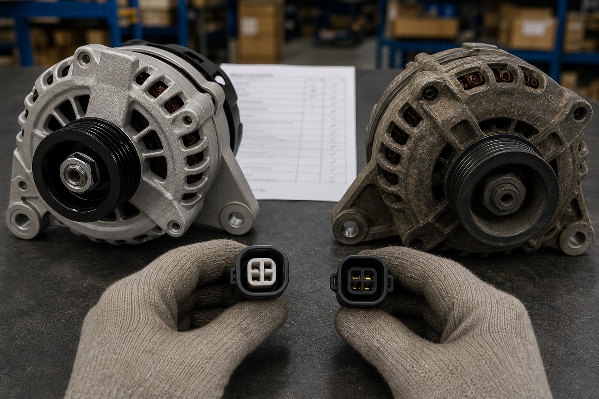 Excavator alternator connector and mounting ear comparison