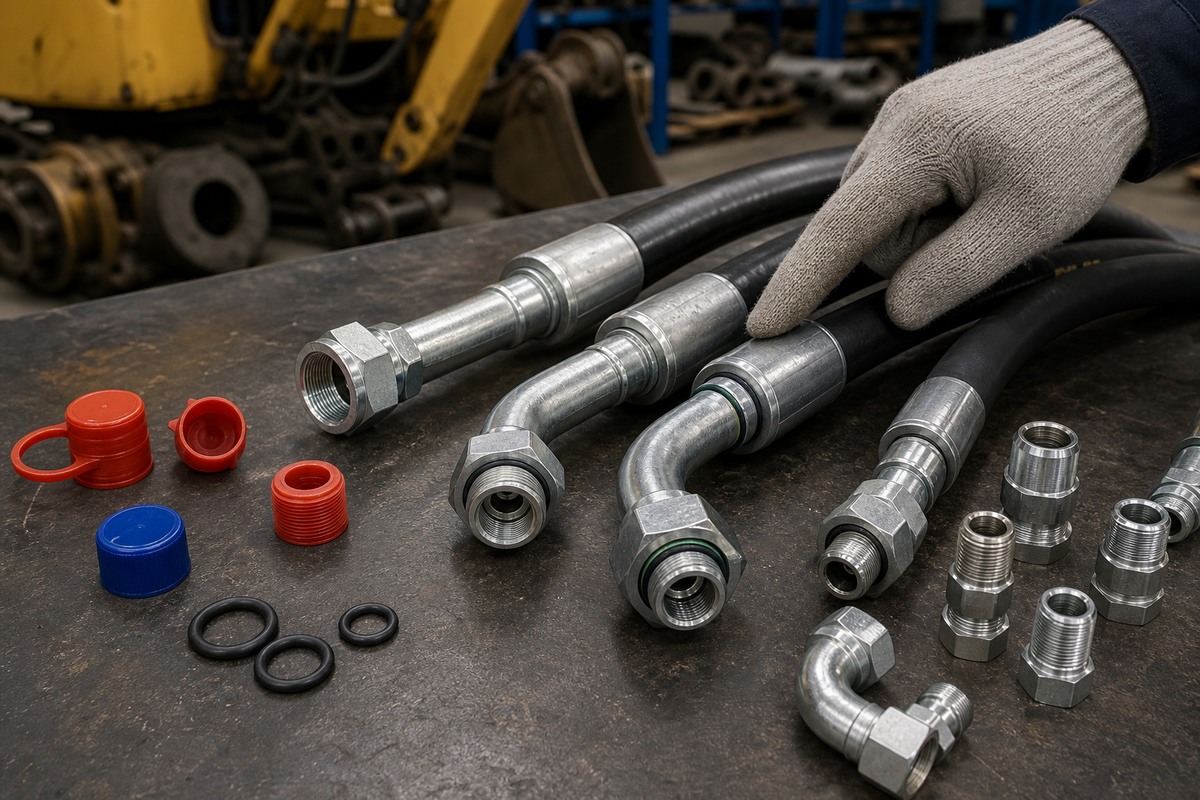 Excavator hydraulic hose crimp fitting and O-ring check