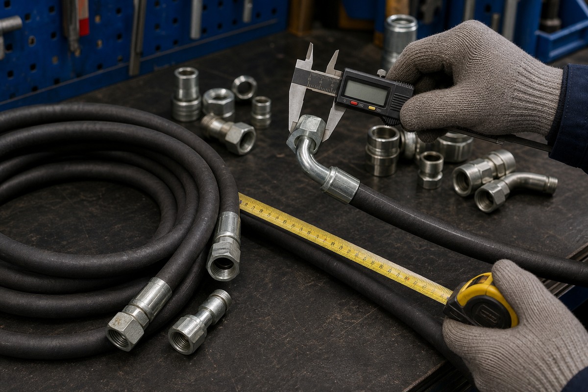 Medicion de largo y angulo de fitting de manguera hidraulica