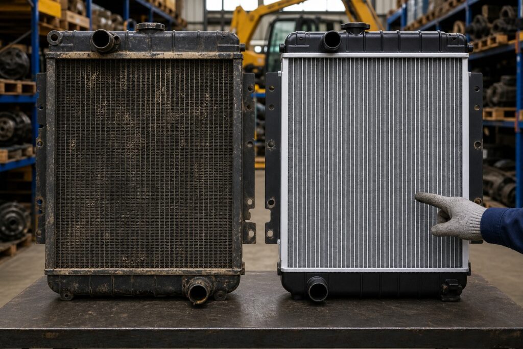 Excavator radiator old and new unit comparison