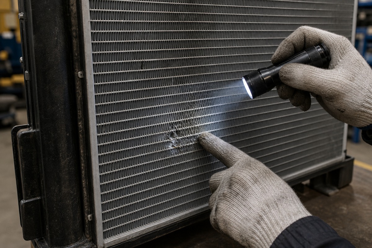 Excavator radiator fin blockage inspection