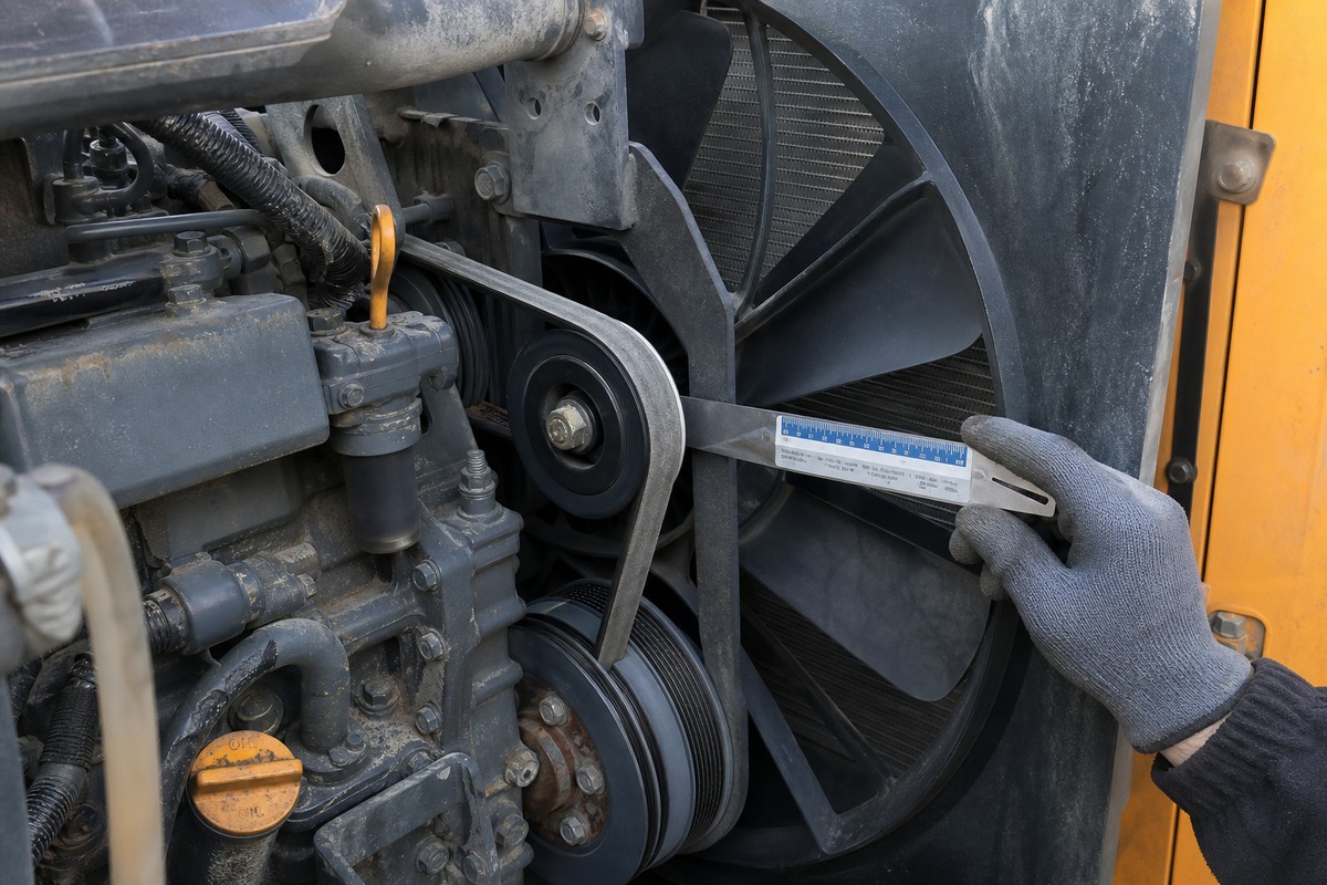 Excavator fan belt tension and pulley alignment check
