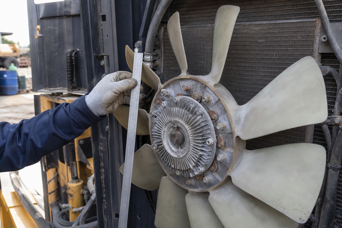 Excavator cooling fan hub and shroud clearance inspection