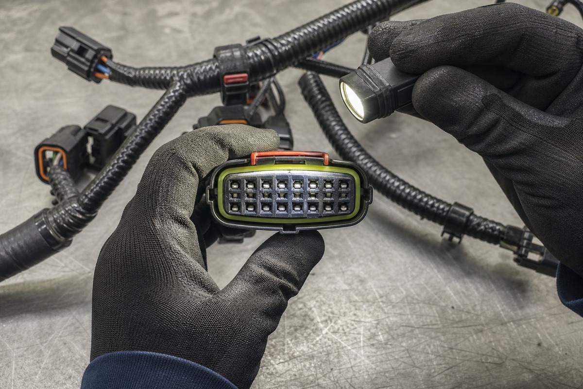 Excavator wiring harness connector pin and seal inspection