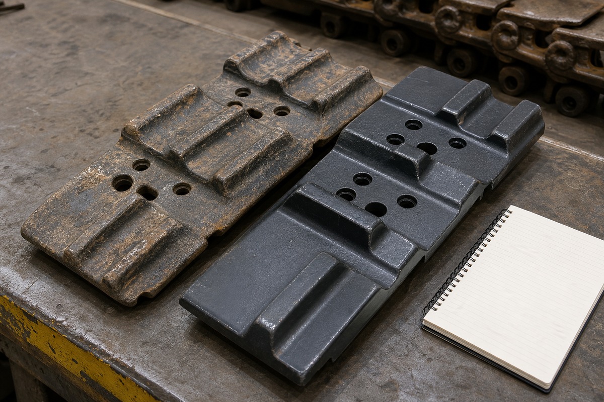 Excavator track shoe bolt hole and edge wear check