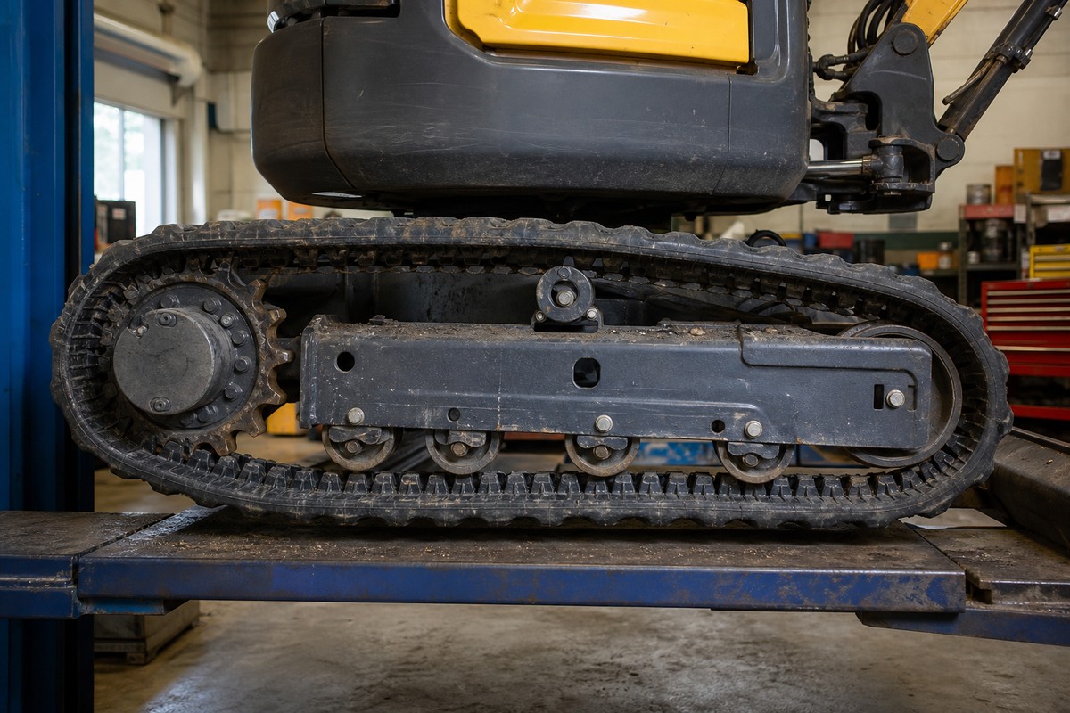 Mini excavator sprocket idler and roller inspection