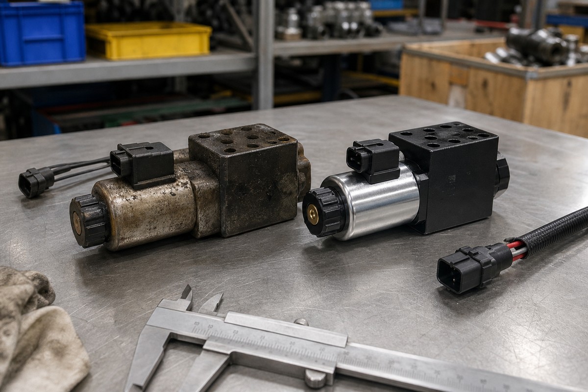 Perbandingan solenoid valve excavator lama dan baru