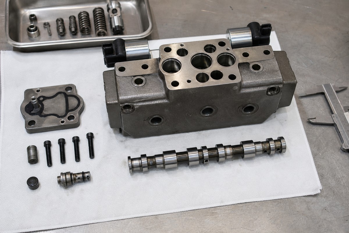 Excavator solenoid valve spool and mounting face inspection