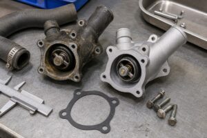 Excavator thermostat housing old and new comparison