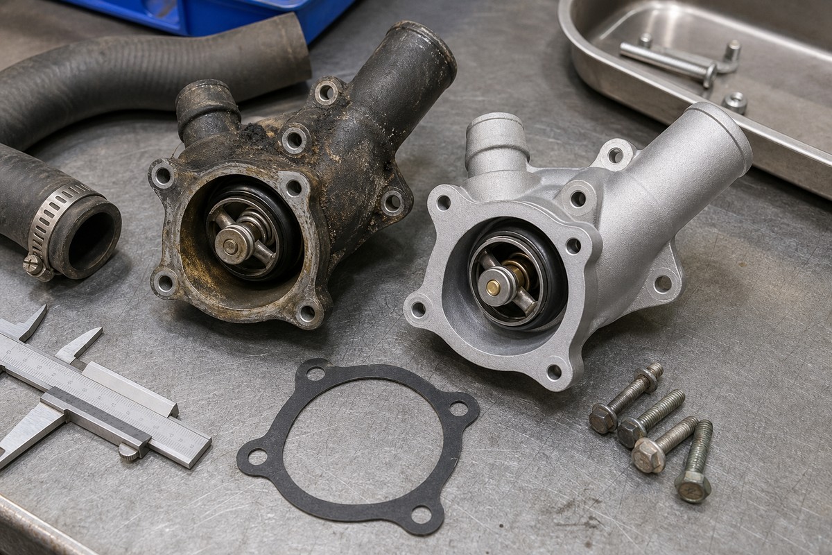Excavator thermostat housing old and new comparison