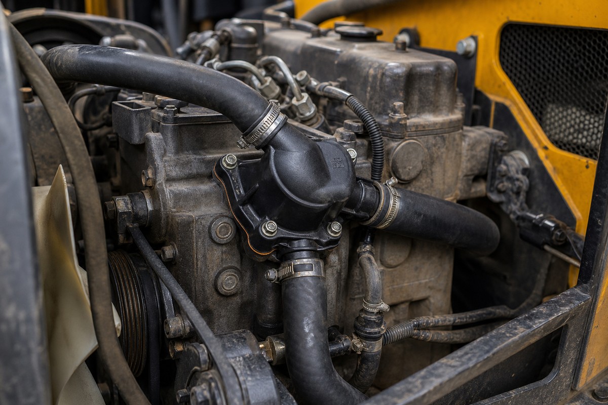 Excavator thermostat housing engine-bay position check