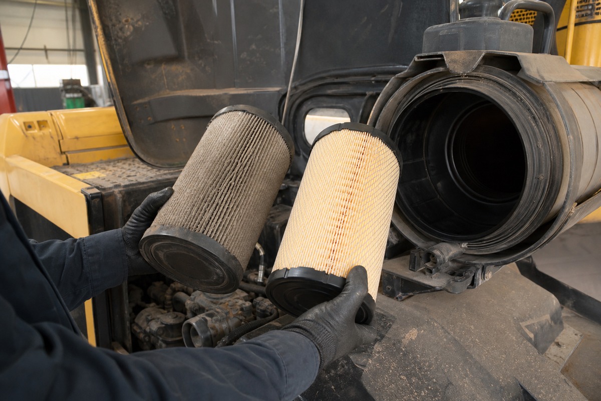 Excavator old dusty air filter and clean replacement comparison
