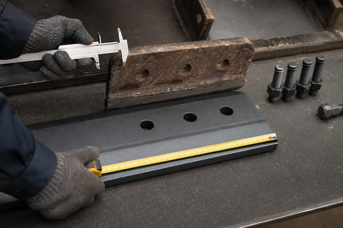 Excavator bucket cutting edge hole spacing and thickness check