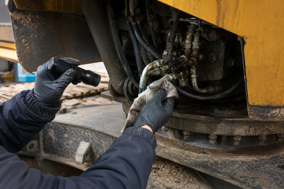 Excavator swivel joint leak and hose diagnosis