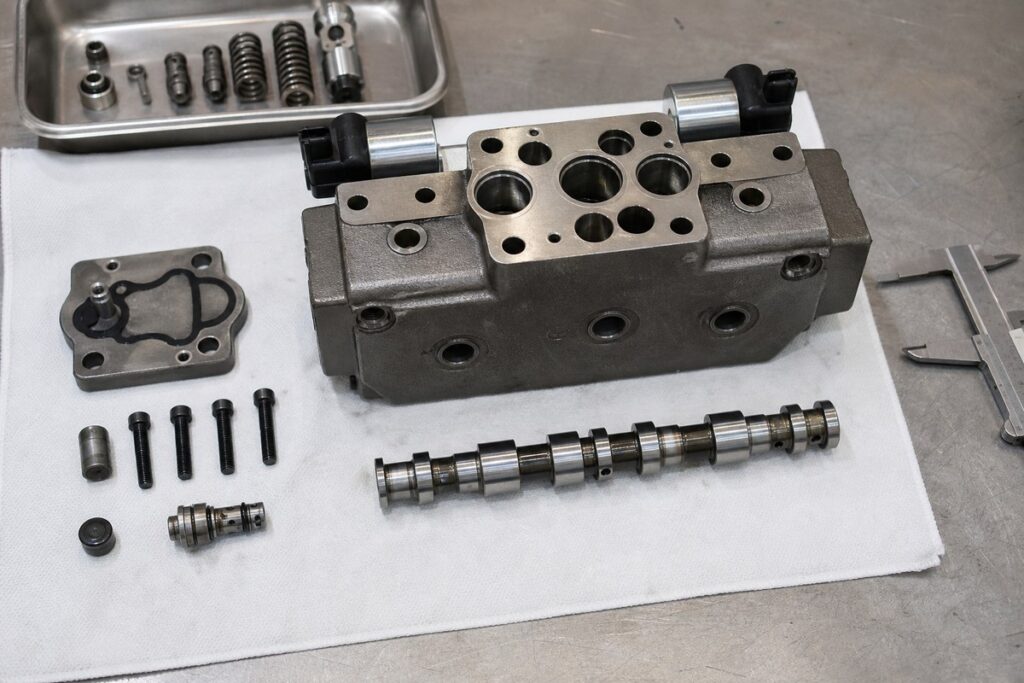 Excavator hydraulic valve manifold opened for pressure relief valve comparison