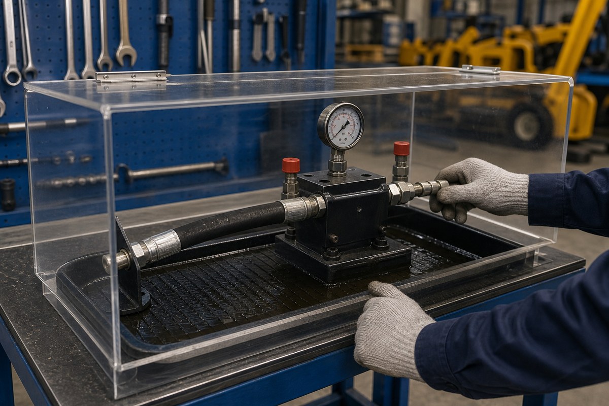 Hydraulic pressure test bench checking a valve cartridge and gauge response