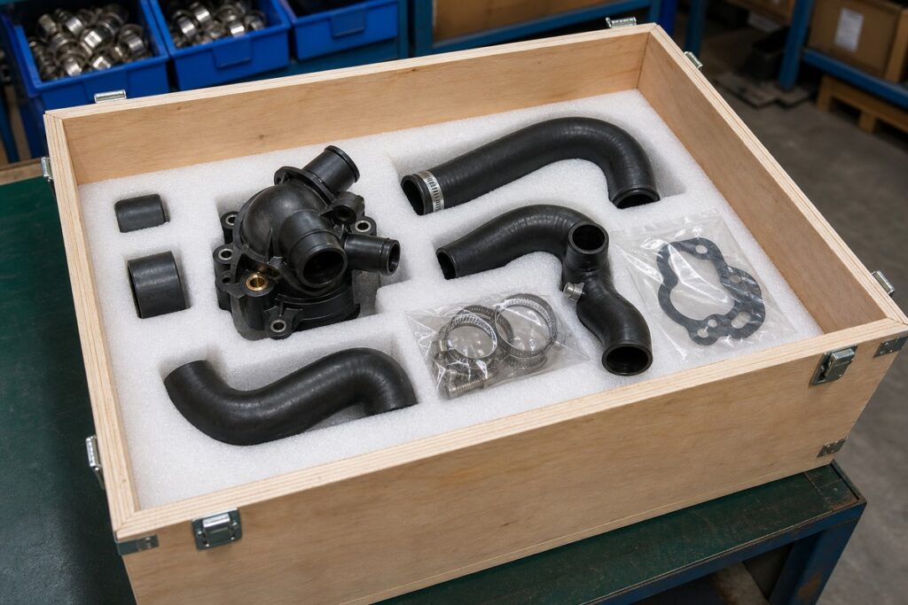 Excavator engine hose kit laid out with gaskets and clamps before packing